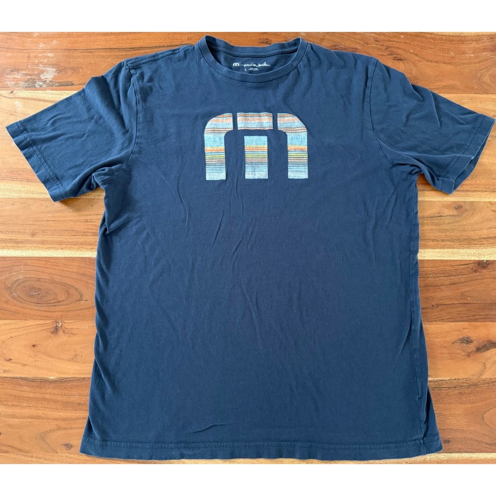 TravisMathew Mens Navy Blue Graphic Logo T-Shirt Size Large Striped M Tee